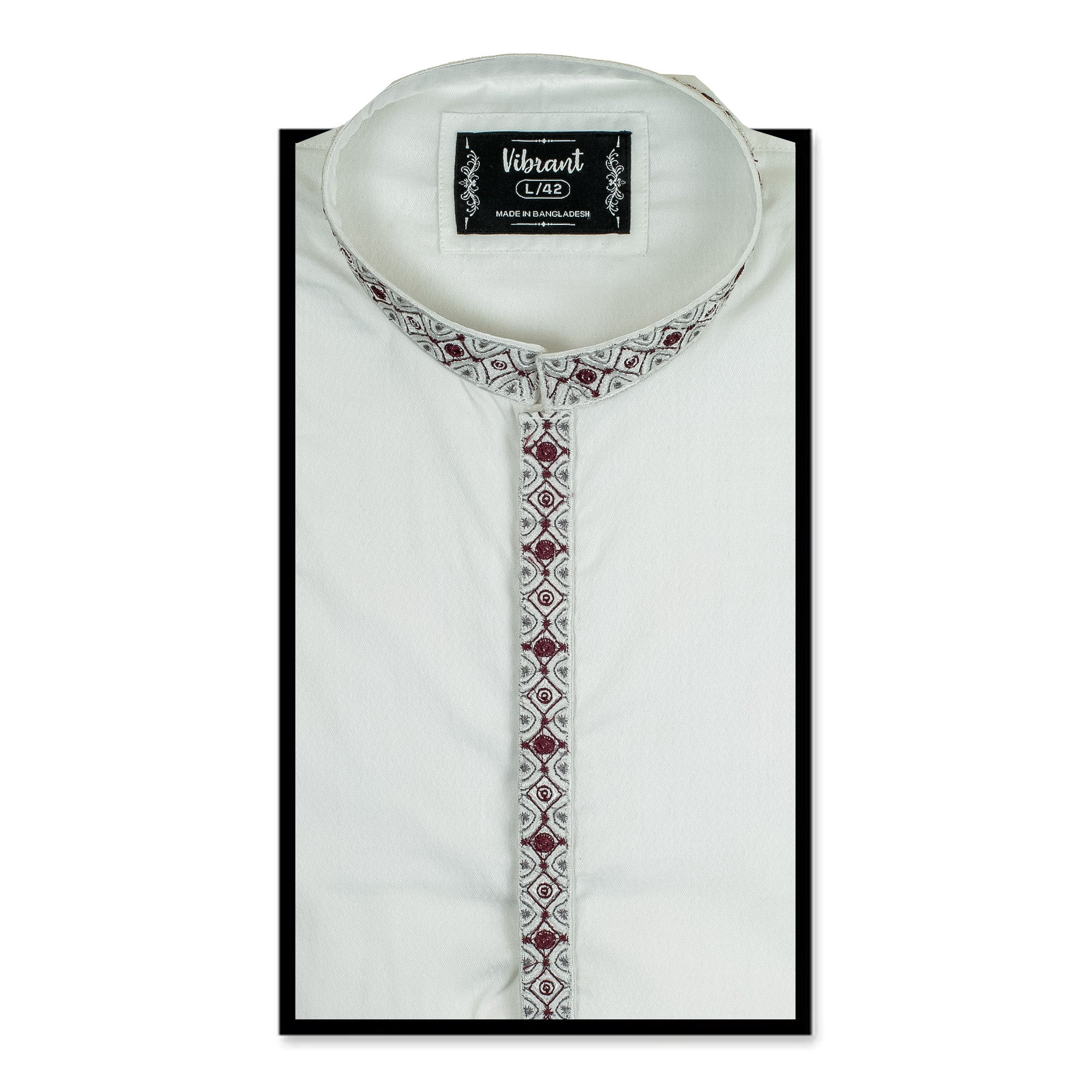 Vibrant Men's White Cotton Panjabi with Intricate Maroon & Grey Embroidery – Elegant Traditional Wear for Eid & Special Occasions