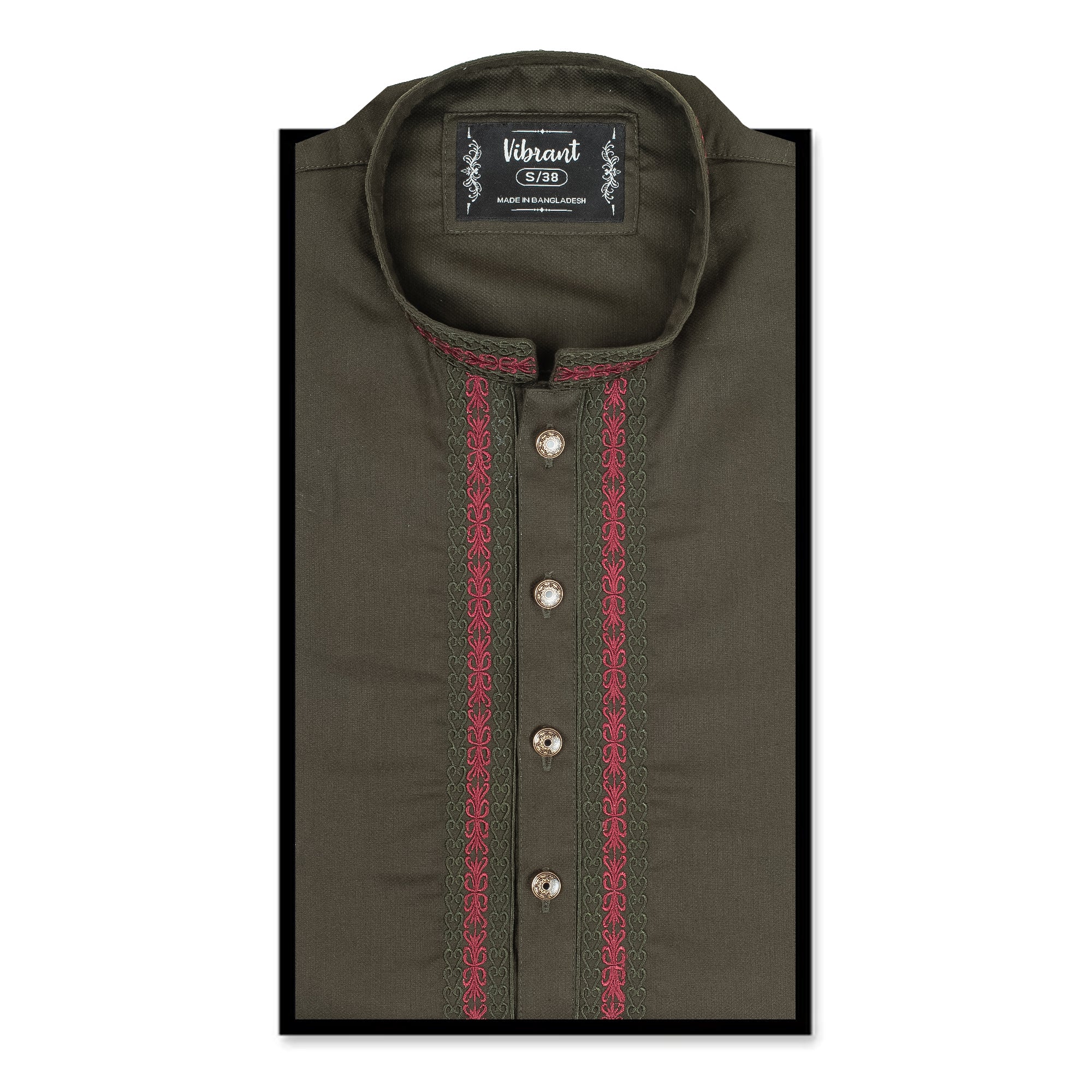 Vibrant Men's Olive Green Cotton Panjabi with Elegant Embroidery – Stylish & Comfortable Festive Wear