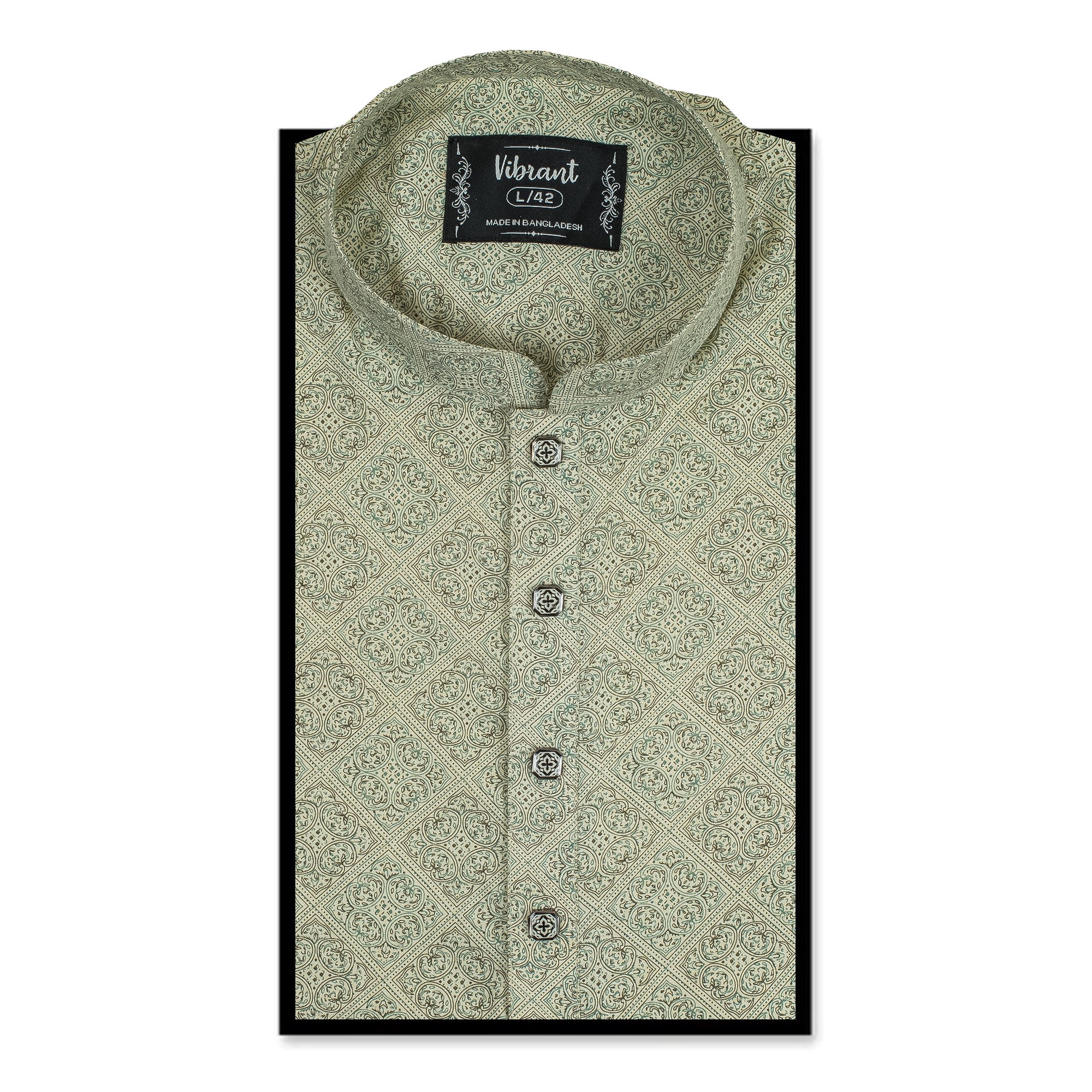 Vibrant Men's Olive Green Printed Cotton Panjabi – Elegant Traditional Wear for Festive & Formal Occasions