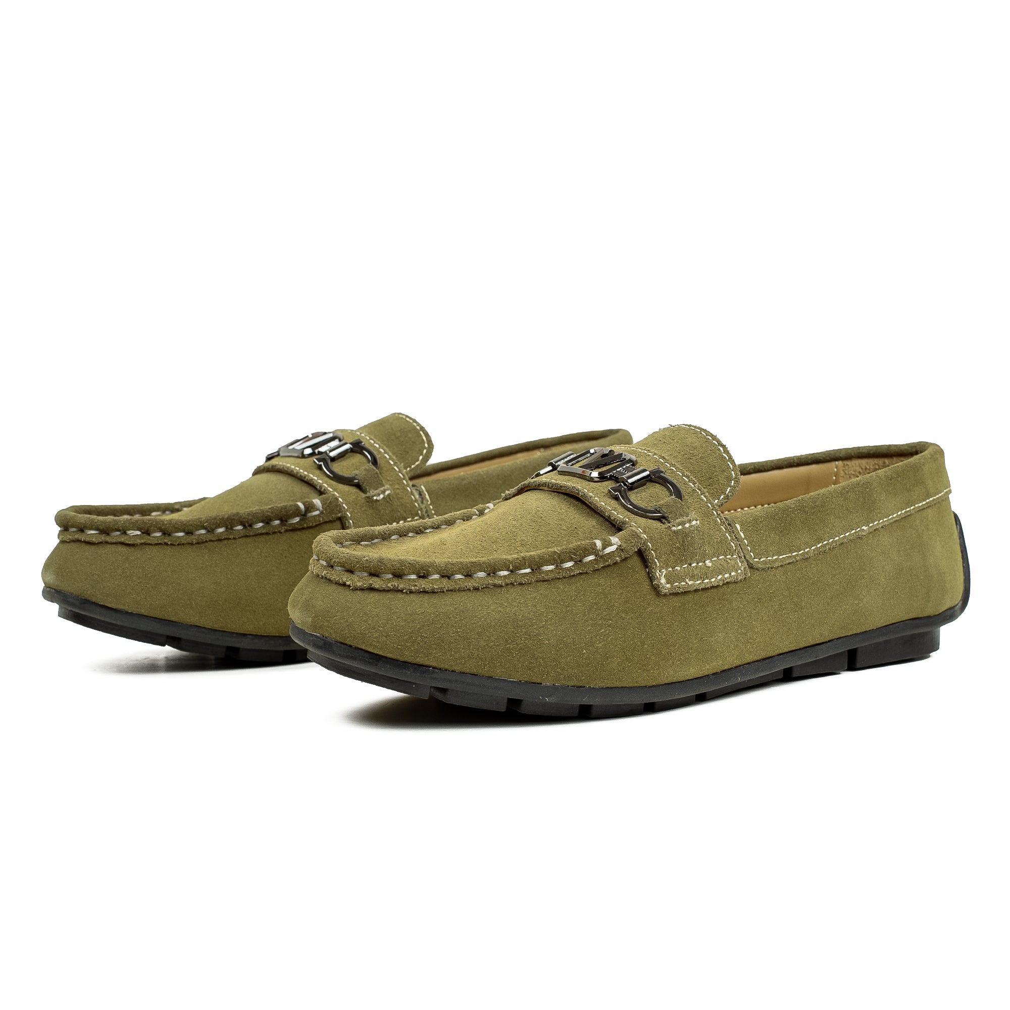 Vibrant Kids Olive Nubuck Leather Moccasin Shoes with Cushioned Insole and Durable TPR Outsole