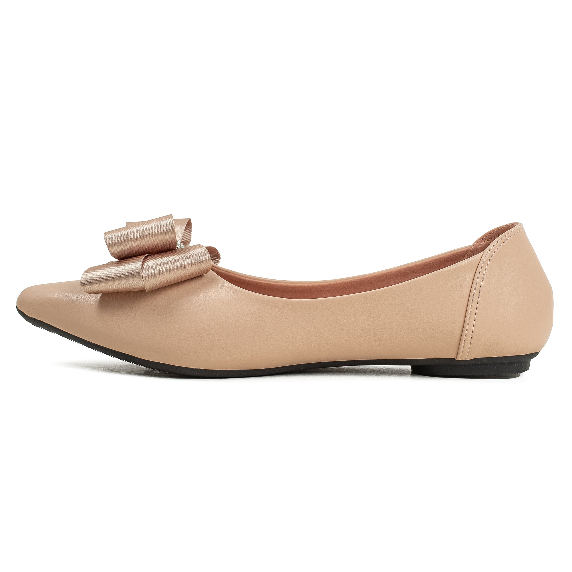 Vibrant Beige Pointed Toe Ballerina Flats – Elegant Bow Design, PU Leather, Cushioned Insole for Women