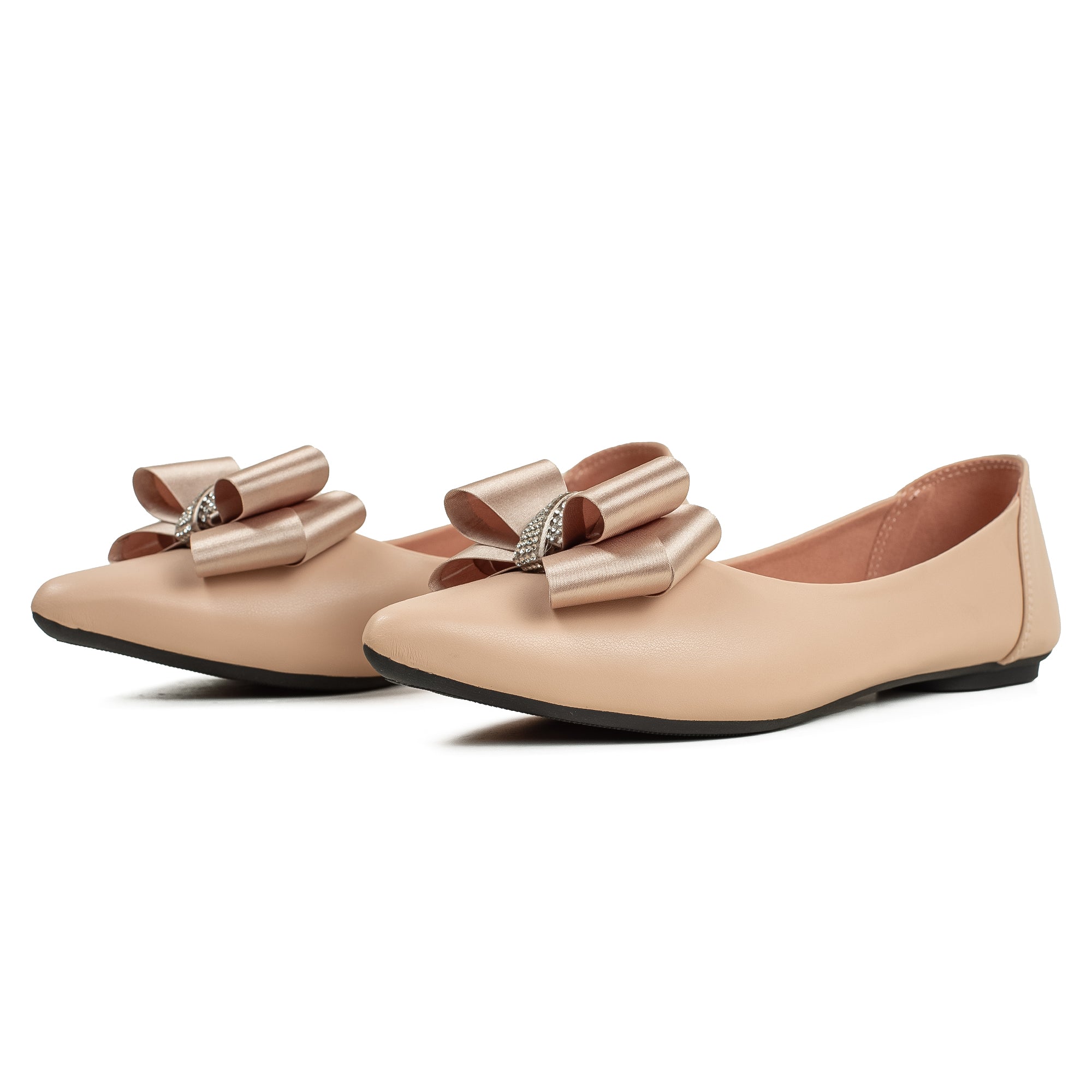 Vibrant Beige Pointed Toe Ballerina Flats – Elegant Bow Design, PU Leather, Cushioned Insole for Women