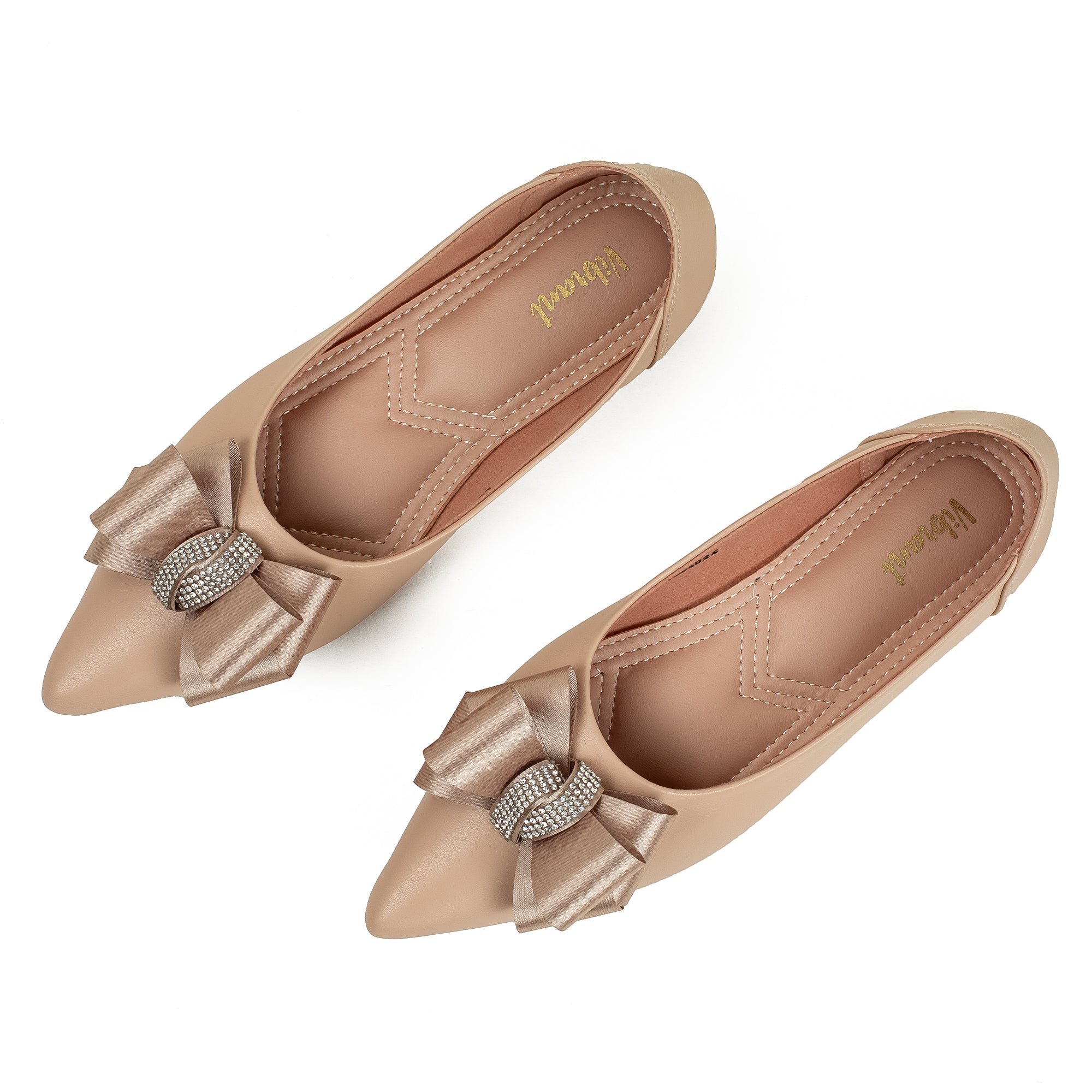 Vibrant Beige Pointed Toe Ballerina Flats – Elegant Bow Design, PU Leather, Cushioned Insole for Women