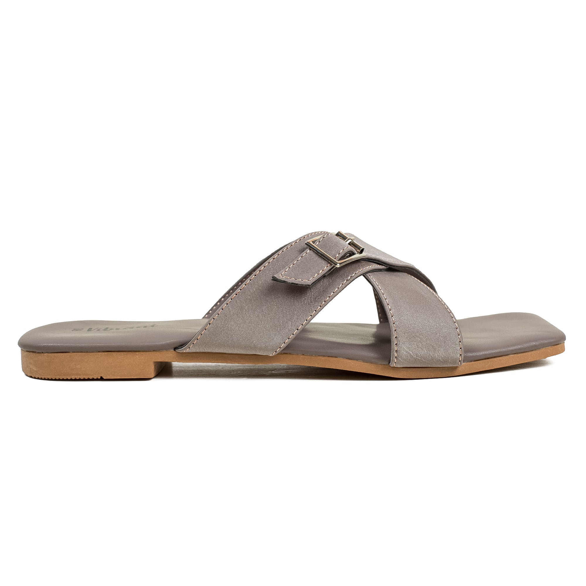 Vibrant Ladies' Grey Flat Sandal – Stylish PU Leather Comfort Footwear with Cushioned Insole & TPR Sole