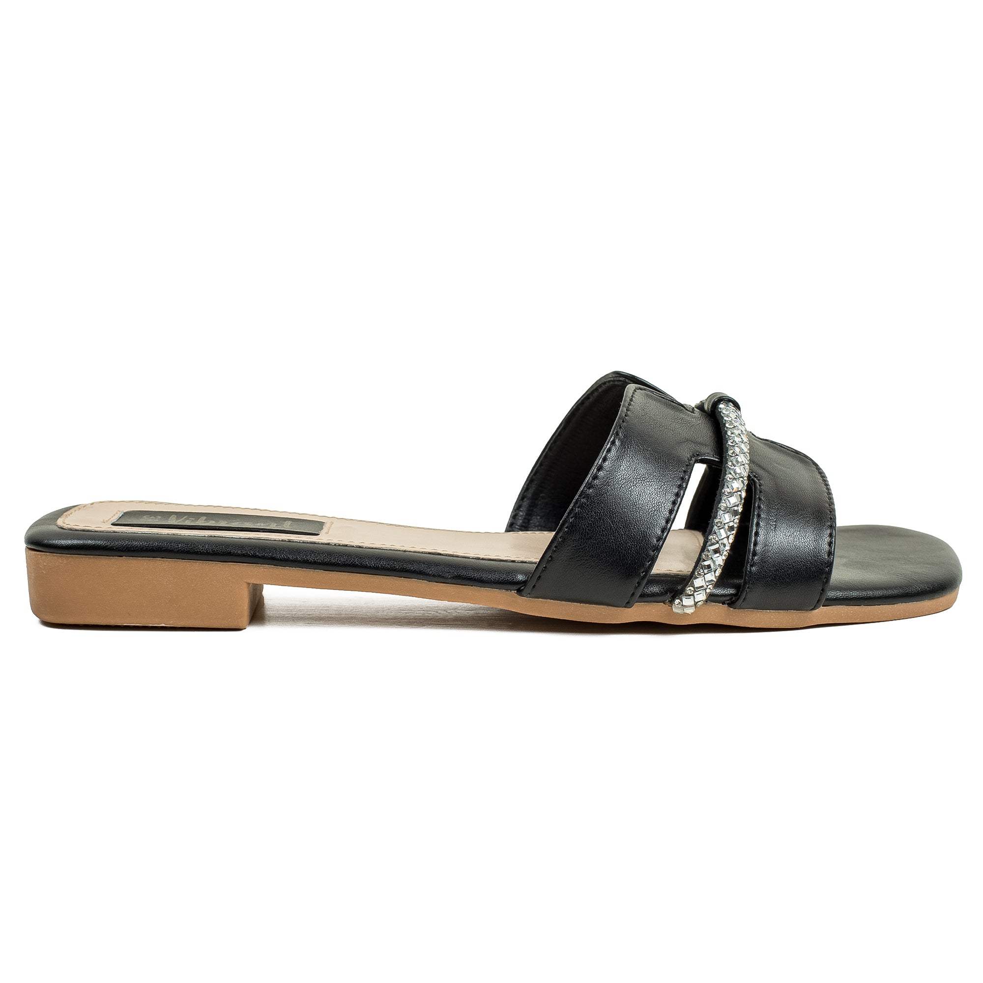 Vibrant Ladies' Black Flat Sandal – Elegant PU Leather Slip-On with Cushioned Insole & TPR Sole