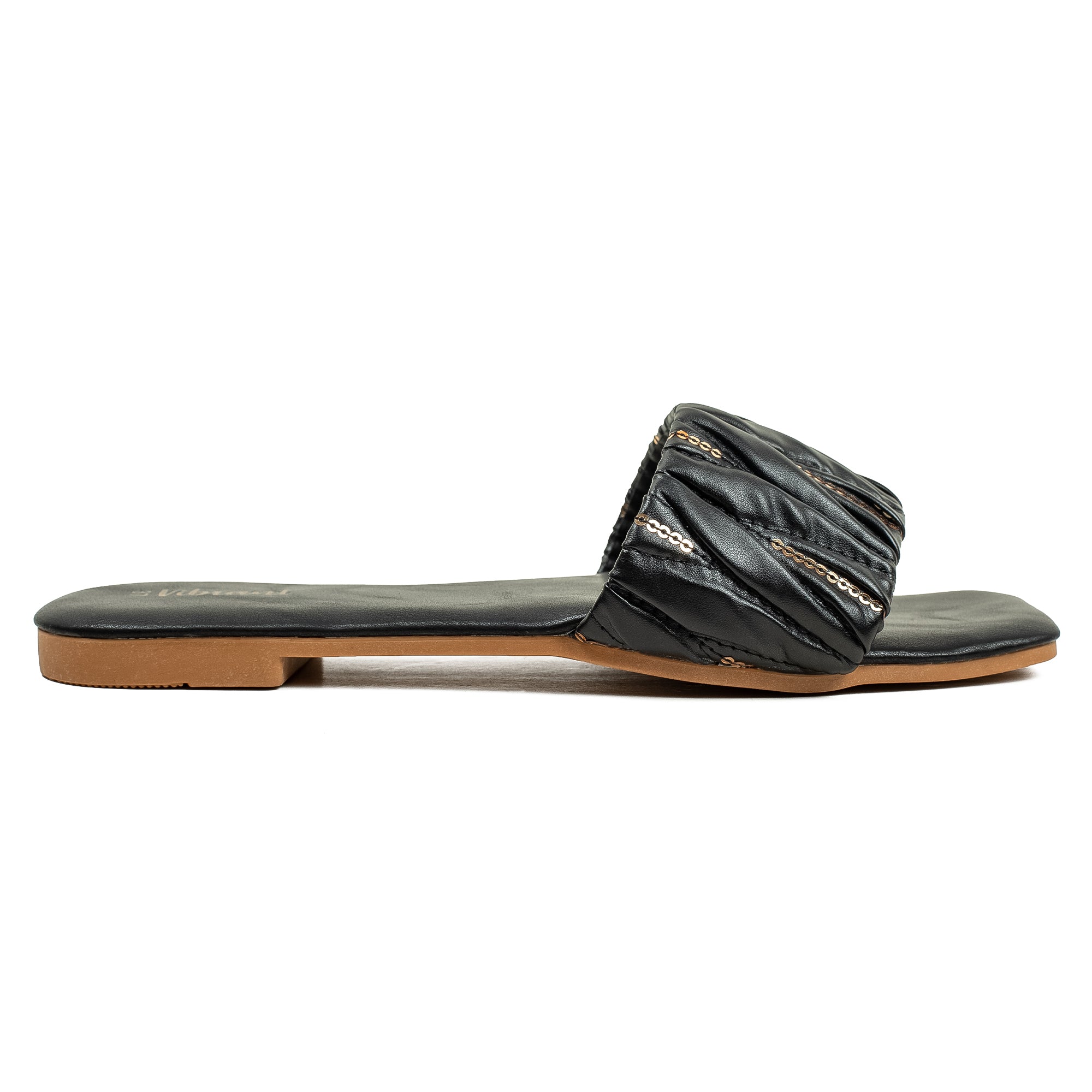 Vibrant Women's Black Flat Sandals – Stylish PU Leather Comfort Slides with Cushioned Insole