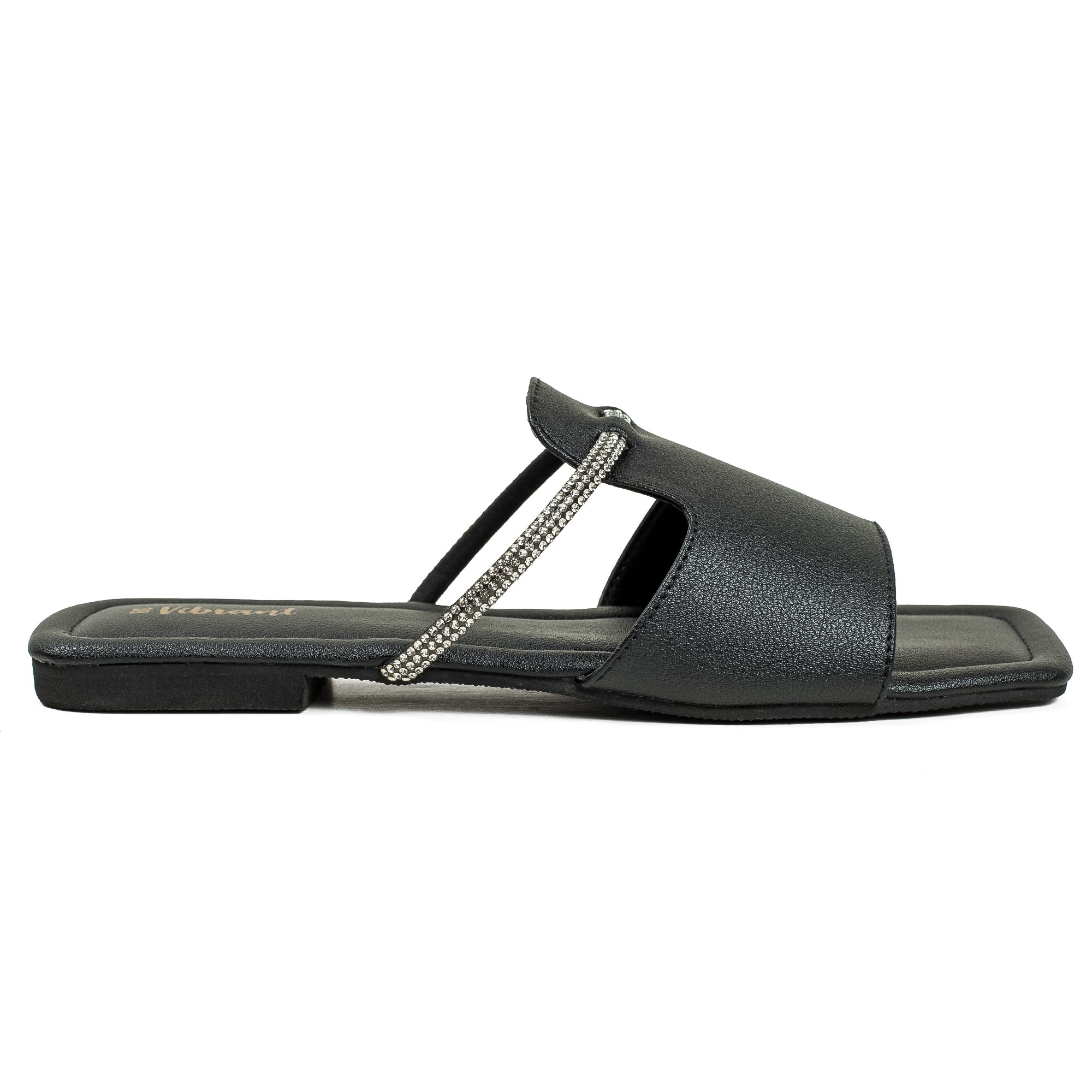 Vibrant Ladies' Black Flat Sandal – Elegant PU Leather Slip-On with Cushioned Insole & TPR Sole