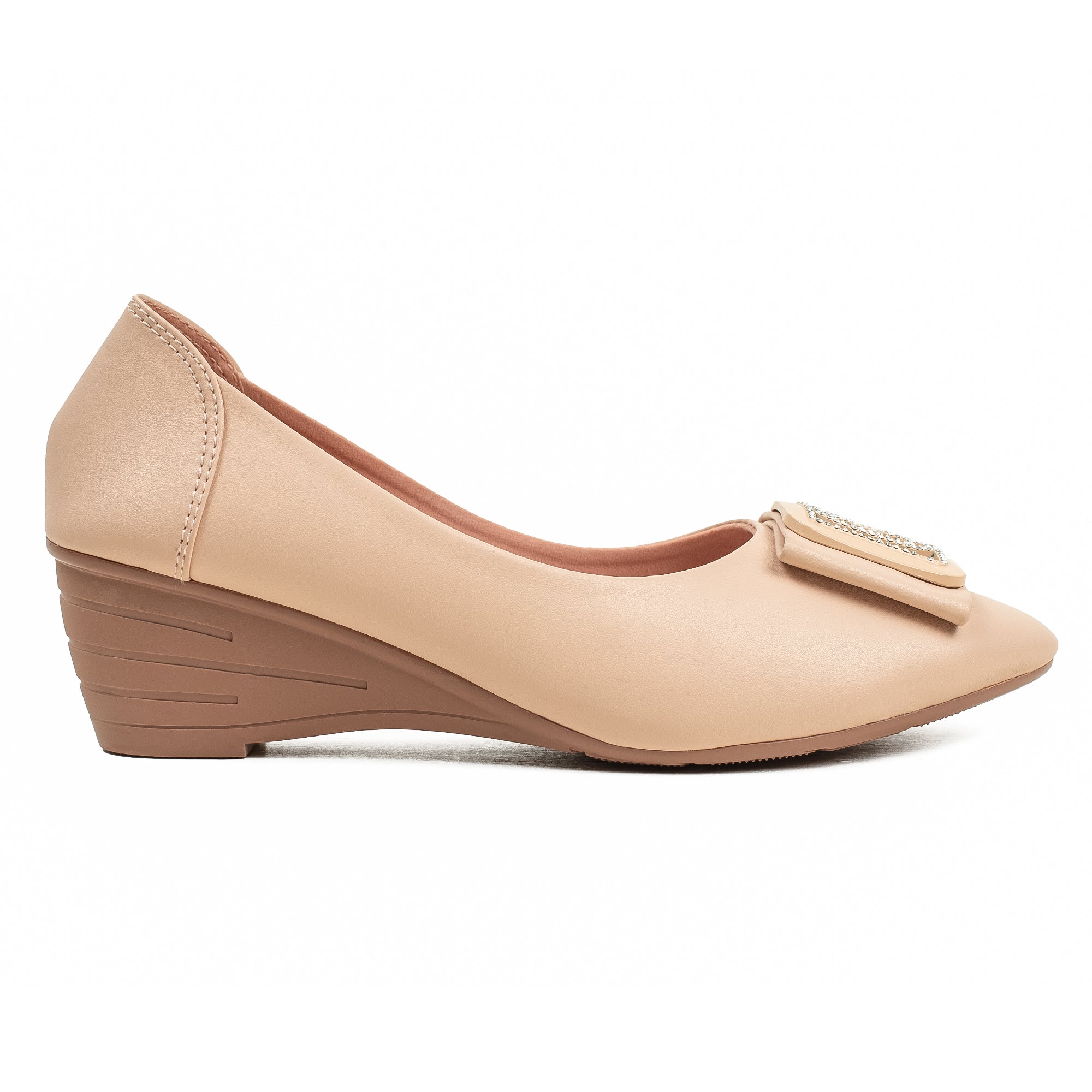 Vibrant Ladies Beige Close-Toe Wedge Heel Shoes with Metallic Trim – Elegant Comfort & Style for Every Occasion