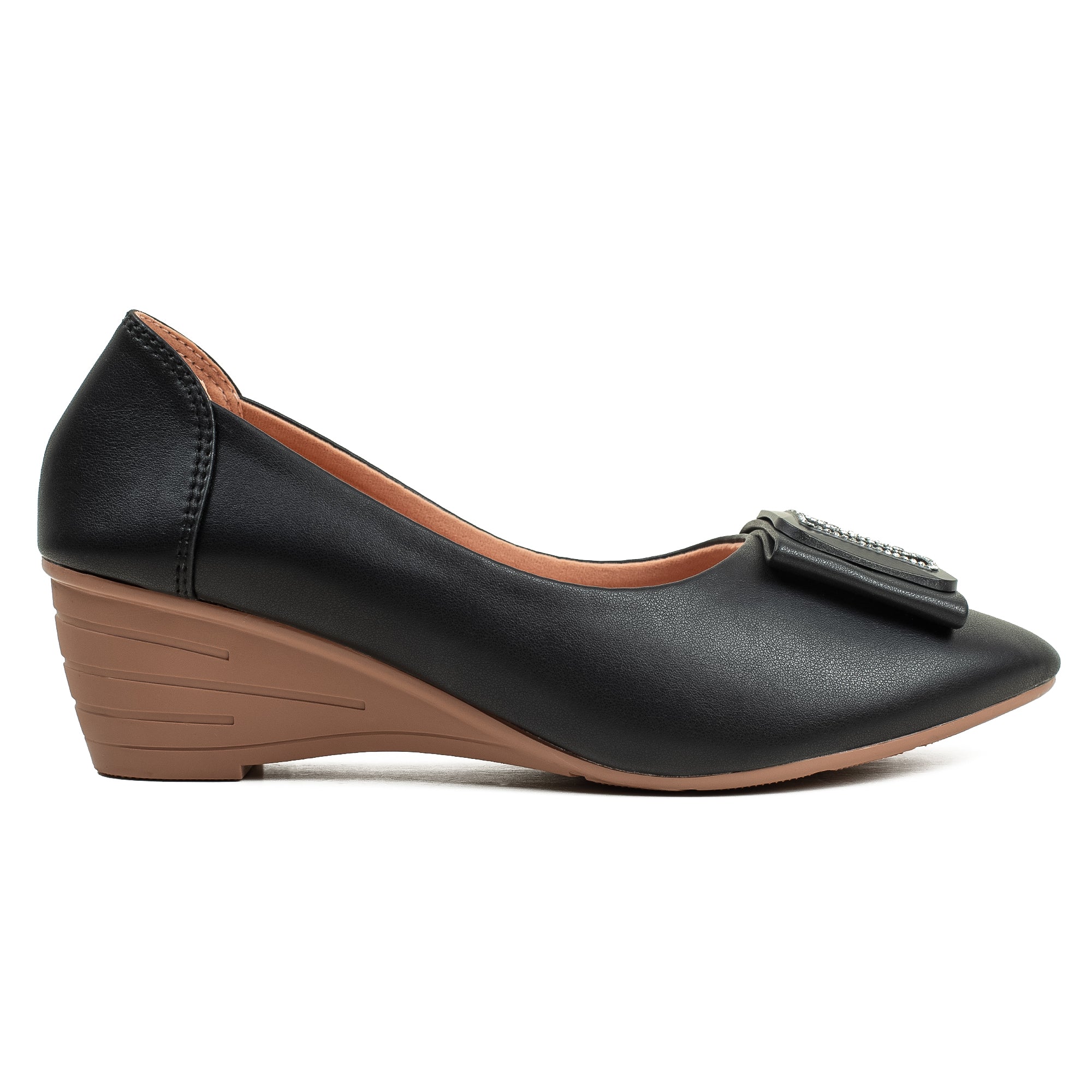 Vibrant Ladies Black Close-Toe Wedge Heel Shoes with Metallic Trim – Elegant Comfort & Style for Every Occasion