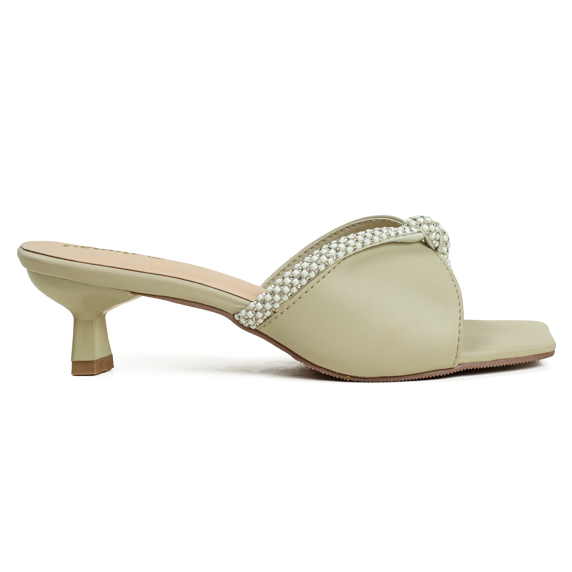 Vibrant Women's Cream Beige Kitten Heel Sandals – Elegant Pearl Strap, PU Leather, Cushioned Insole for Fashion Lovers