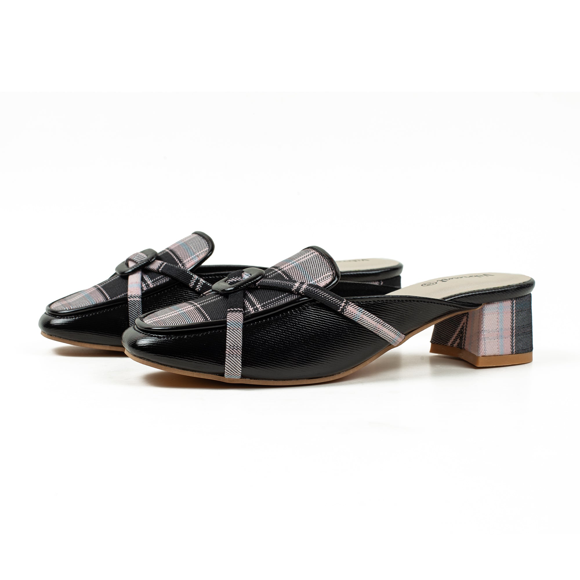 Ladies' Metallic Black Microfibre Block Heel Mules | Vibrant® Stylish Slip-On Shoes with Bow Detail