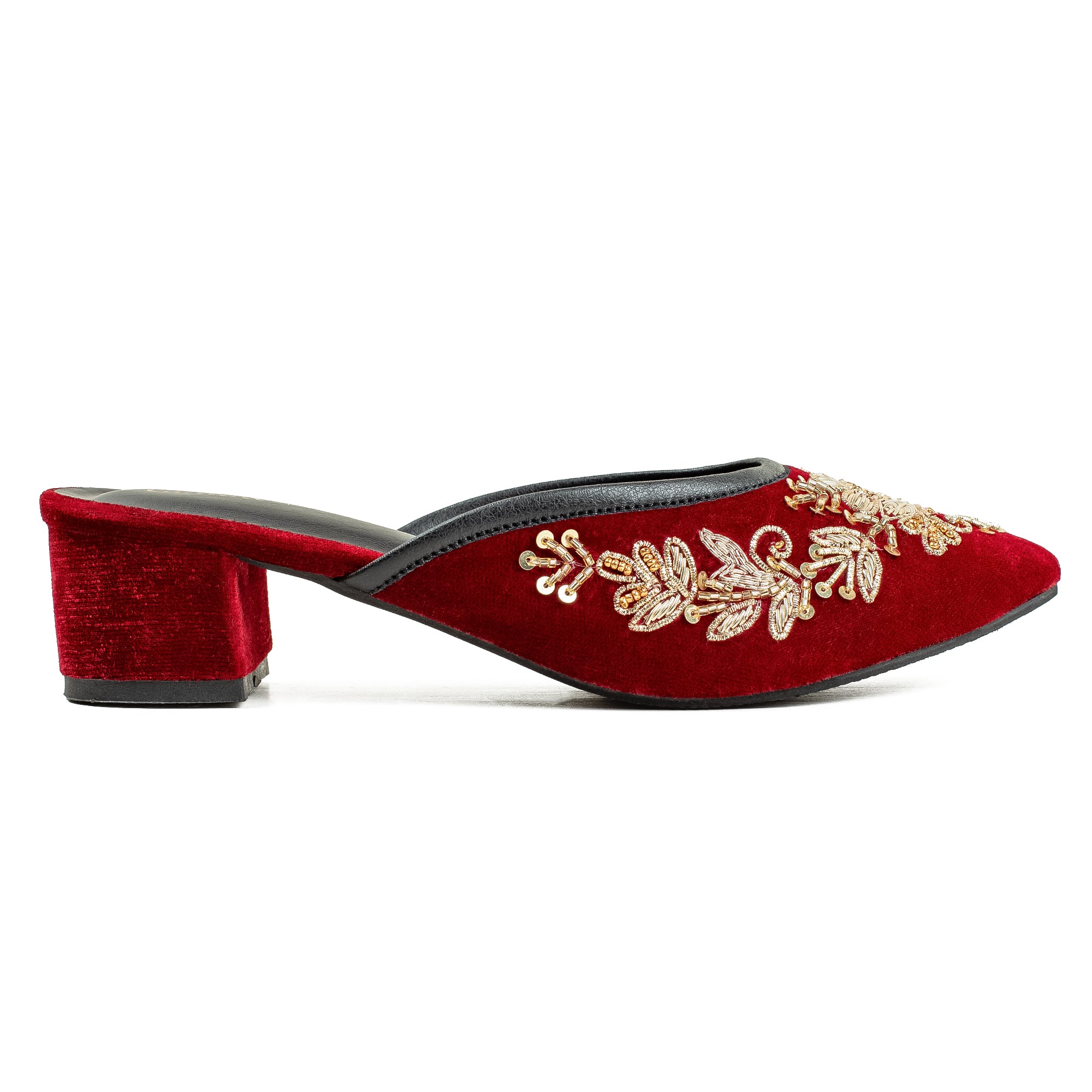 Vibrant Women's Red Embroidered Velvet Block Heel Sandal – Stylish & Comfortable Party Wear Shoes