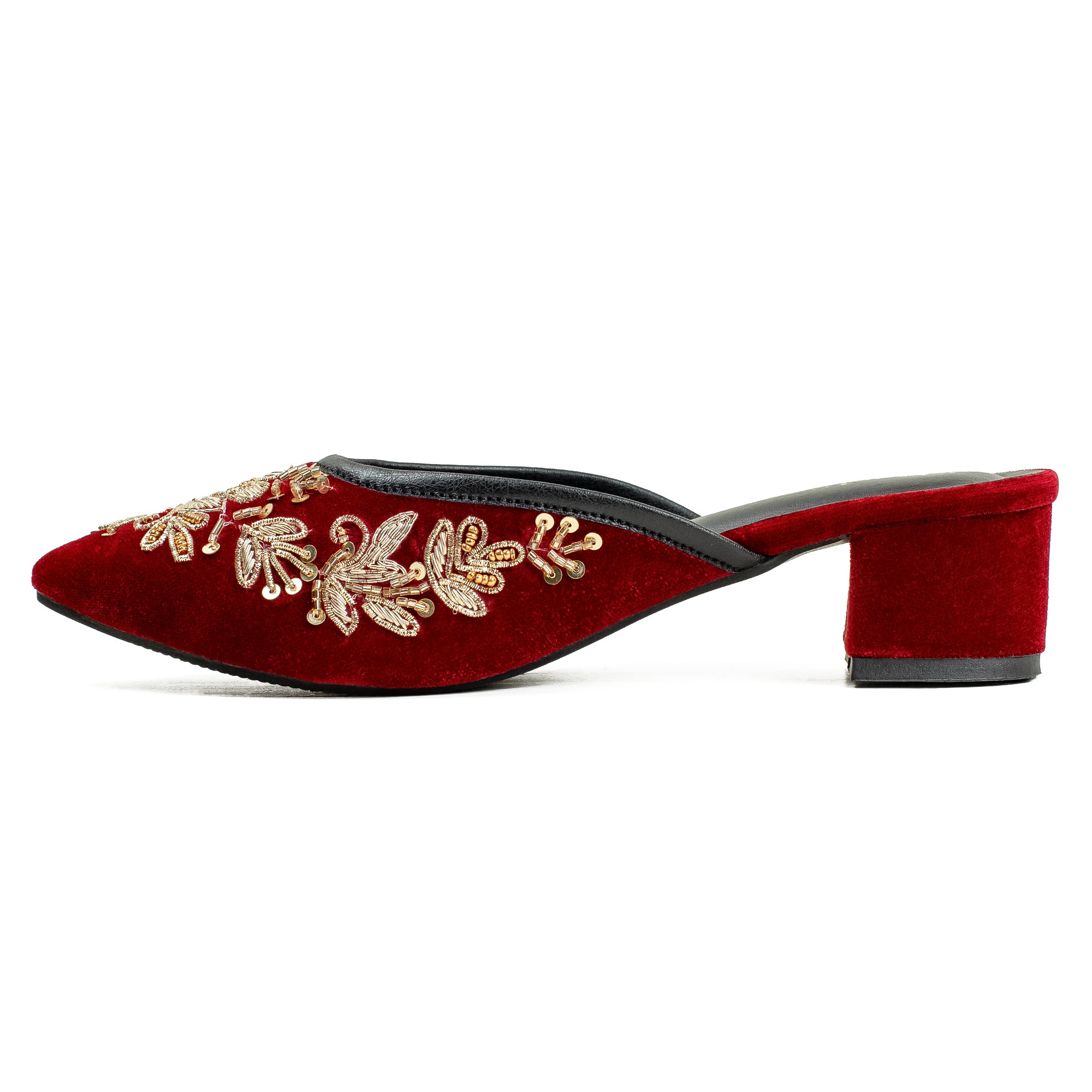 Vibrant Women's Red Embroidered Velvet Block Heel Sandal – Stylish & Comfortable Party Wear Shoes