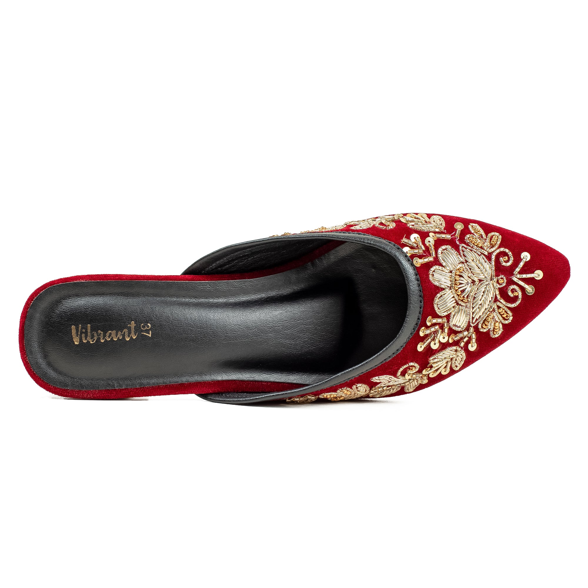 Vibrant Women's Red Embroidered Velvet Block Heel Sandal – Stylish & Comfortable Party Wear Shoes