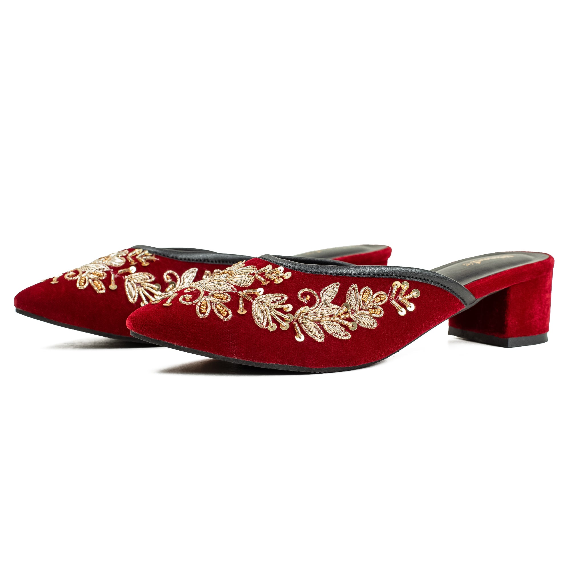 Vibrant Women's Red Embroidered Velvet Block Heel Sandal – Stylish & Comfortable Party Wear Shoes