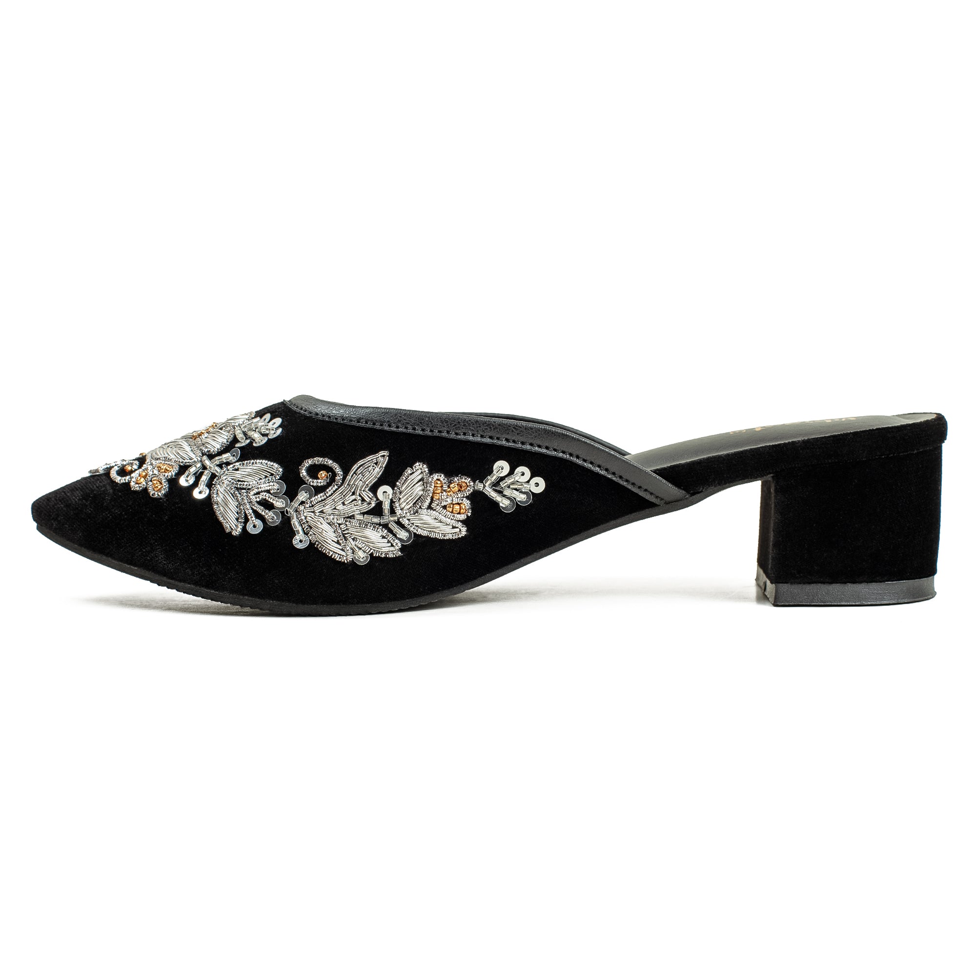 Vibrant Women's Black Embroidered Velvet Block Heel Sandal – Stylish & Comfortable Party Wear Shoes