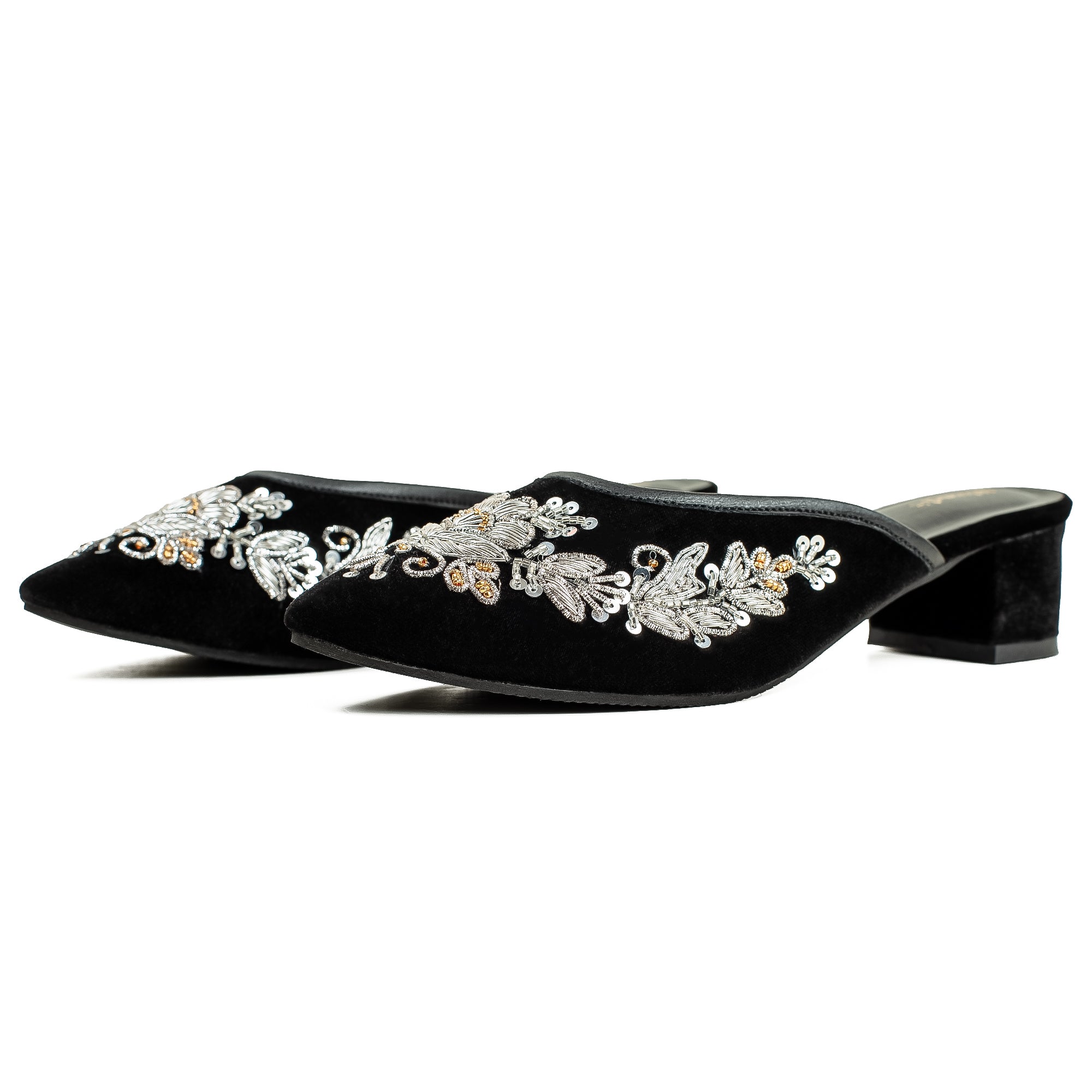 Vibrant Women's Black Embroidered Velvet Block Heel Sandal – Stylish & Comfortable Party Wear Shoes