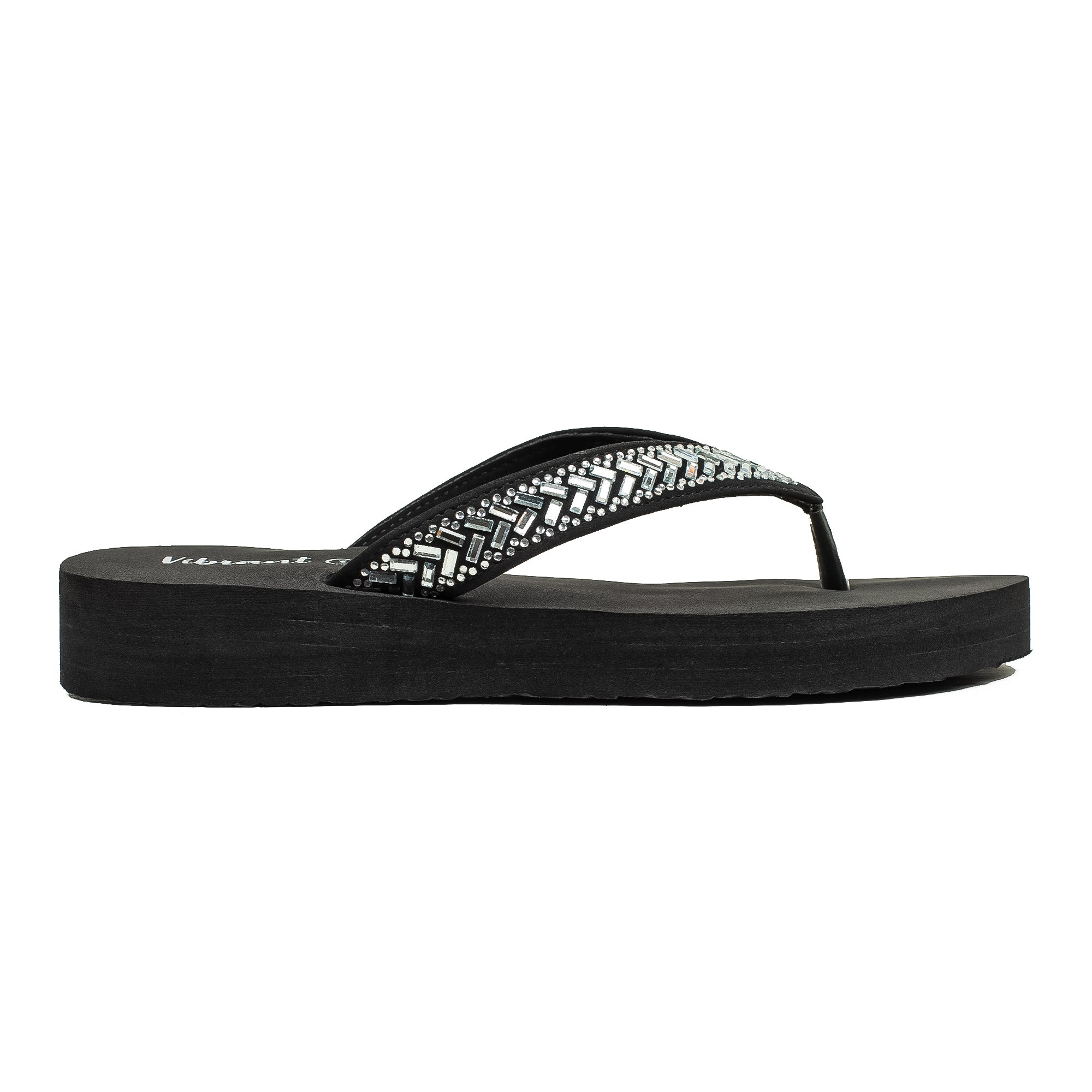 Ladies' Fashionable Black Stoned Strap Beach Flip-Flop with Comfortable Sole