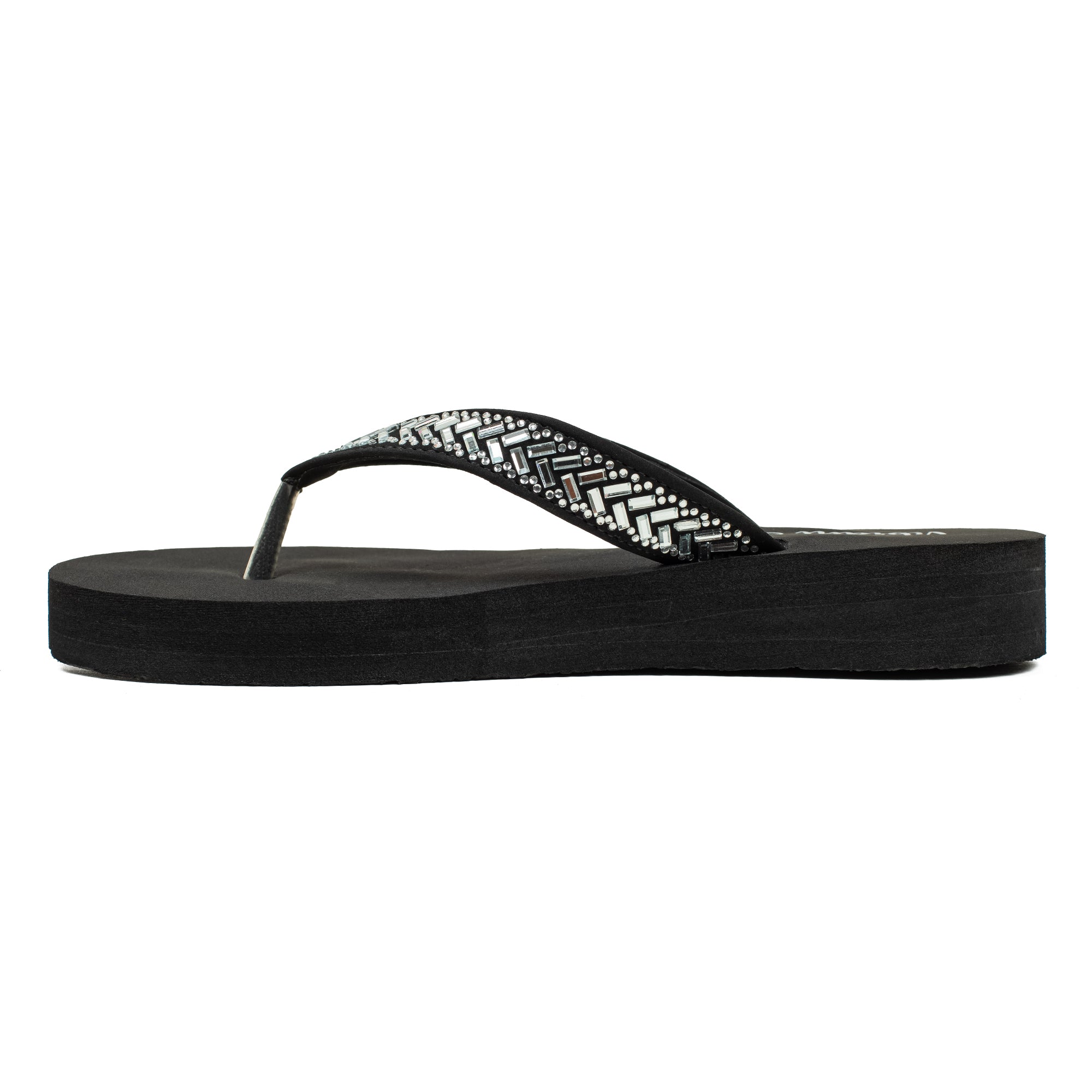 Ladies' Fashionable Black Stoned Strap Beach Flip-Flop with Comfortable Sole