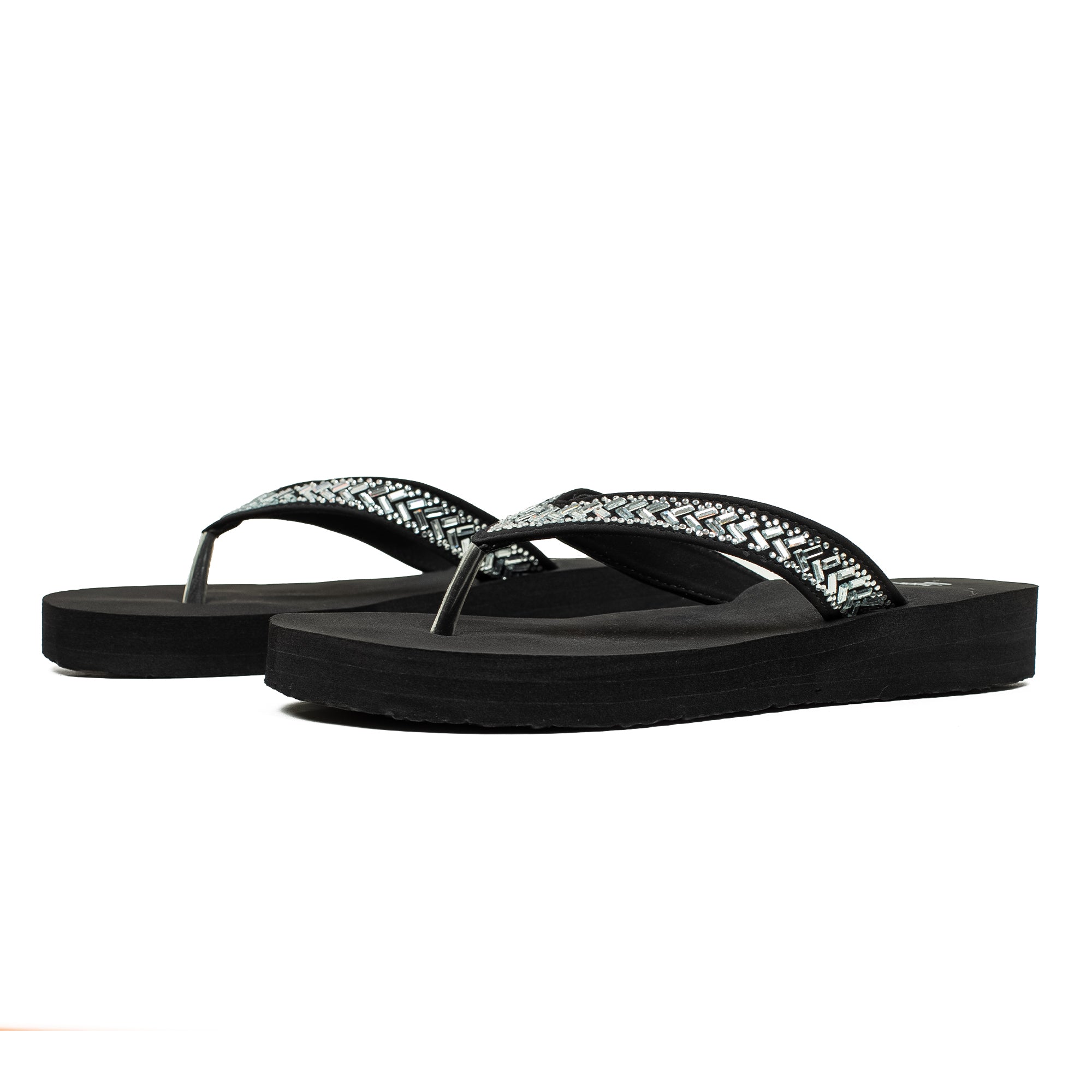 Ladies' Fashionable Black Stoned Strap Beach Flip-Flop with Comfortable Sole