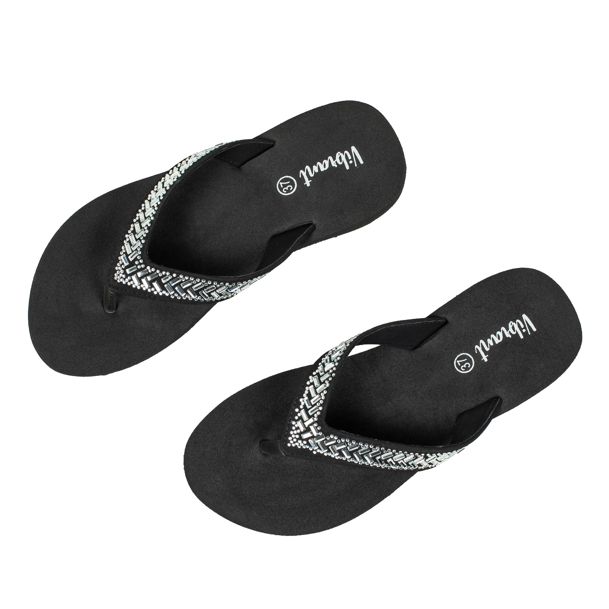 Ladies' Fashionable Black Stoned Strap Beach Flip-Flop with Comfortable Sole