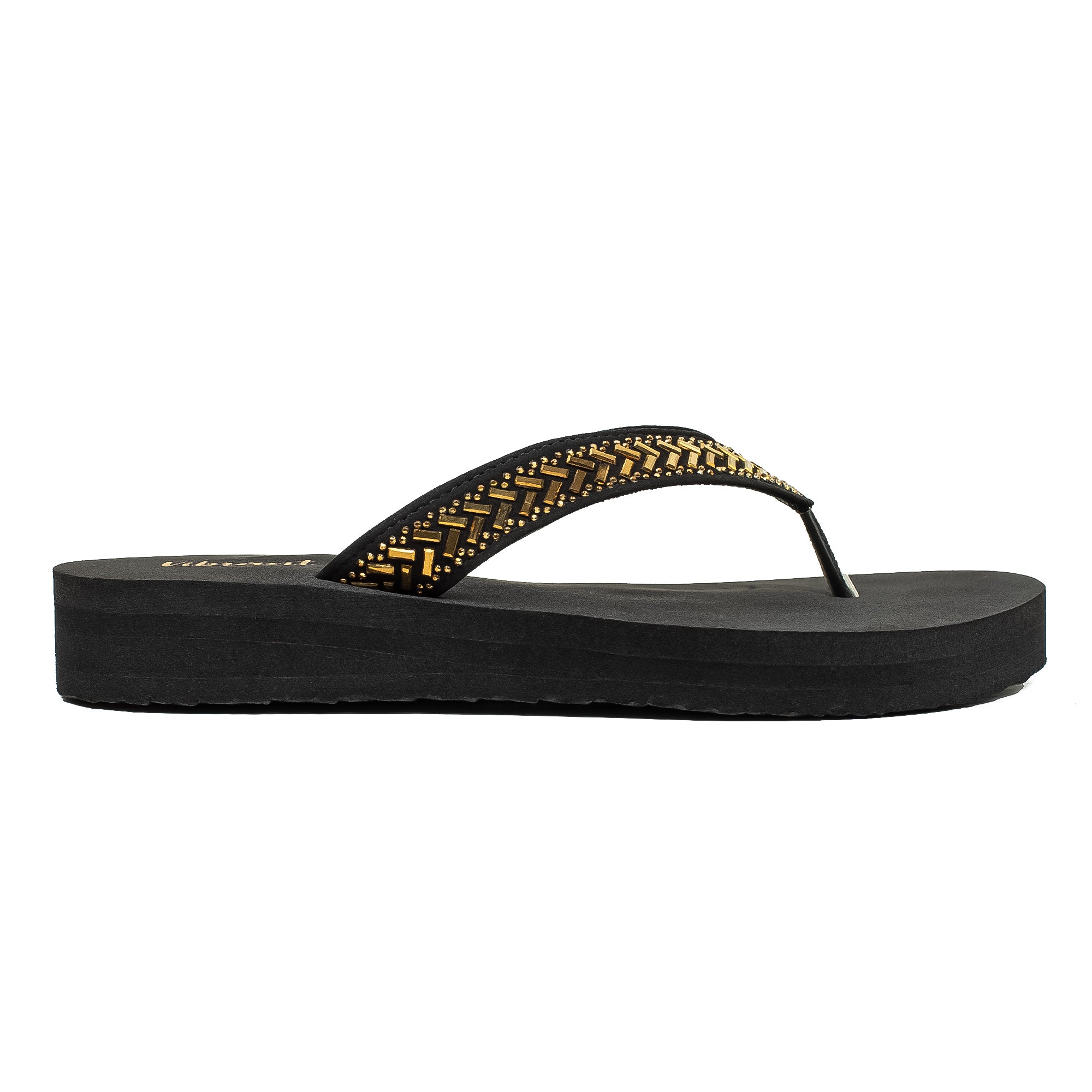 Ladies' Fashionable Golden Stoned Strap Beach Flip-Flop with Comfortable Sole