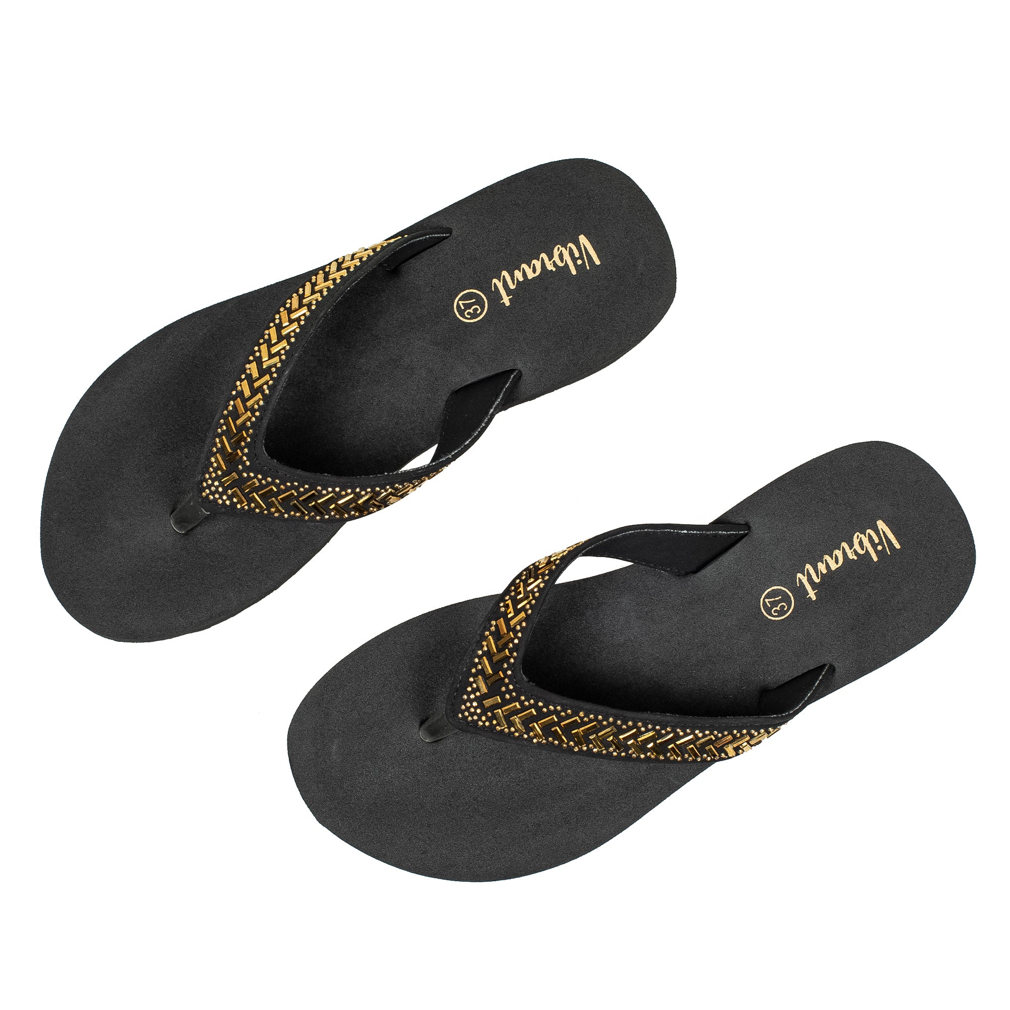 Ladies' Fashionable Golden Stoned Strap Beach Flip-Flop with Comfortable Sole