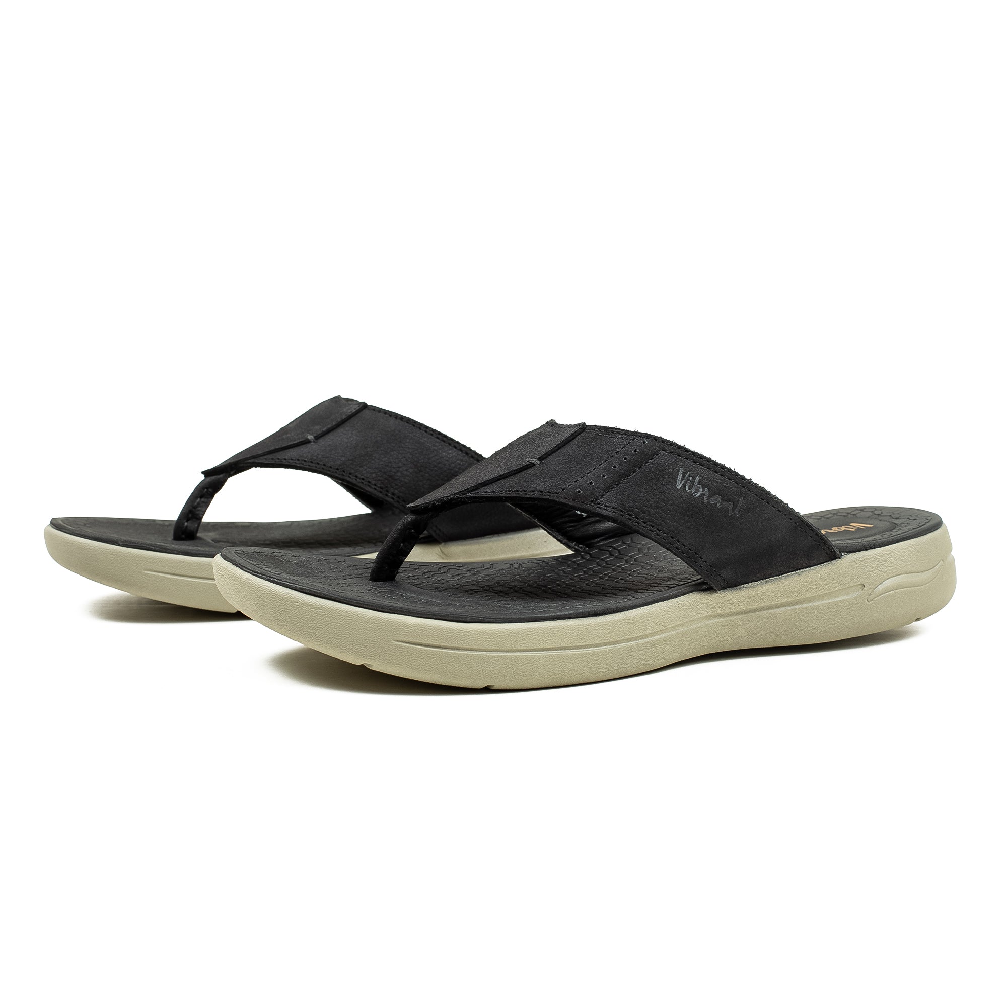 Men's Black Nubuck Leather Toe-Post Sandals | Vibrant® Summer Sandals with Phylon Outsole and Cushioned Insole