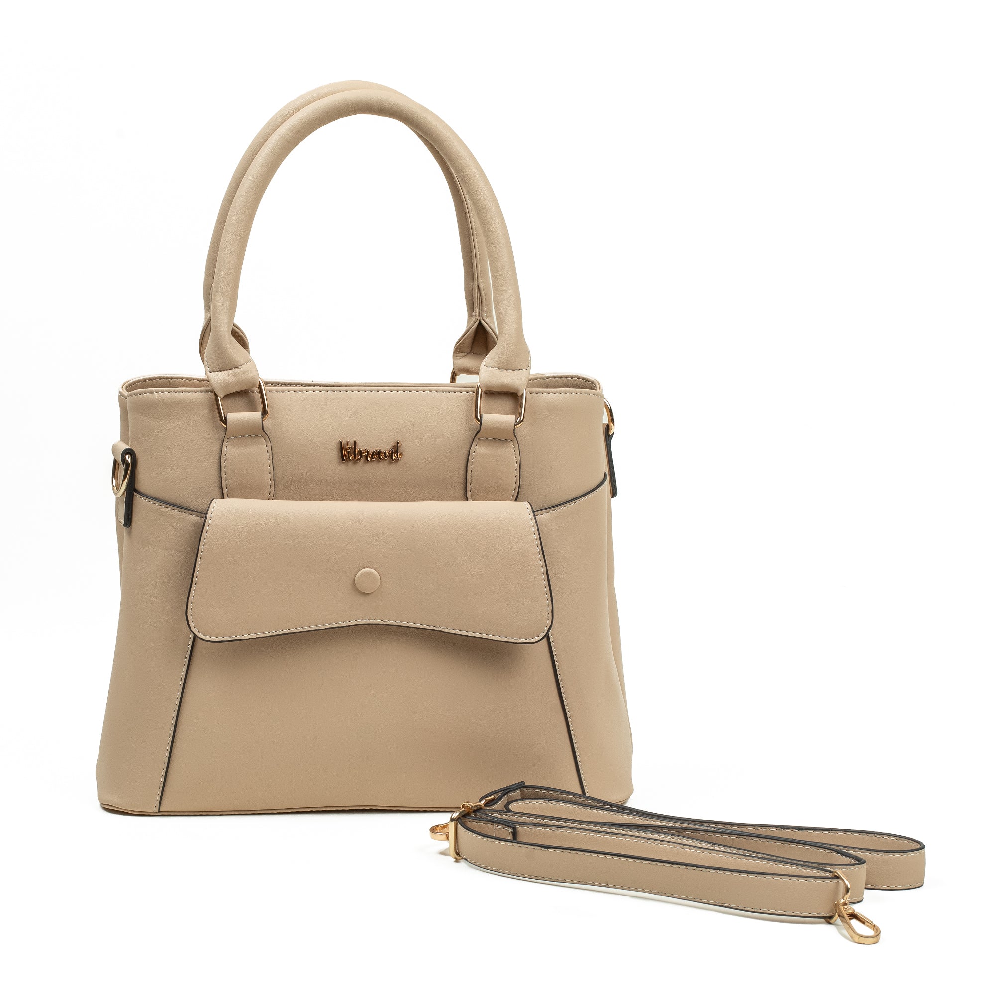 Elegant Ladies PU Leather Handbag in Beige | Vibrant® Multi-Compartment Tote with Flap Pocket