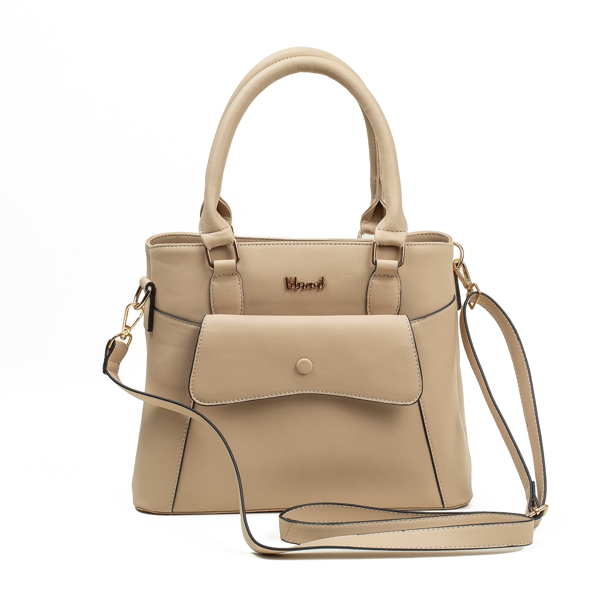 Elegant Ladies PU Leather Handbag in Beige | Vibrant® Multi-Compartment Tote with Flap Pocket