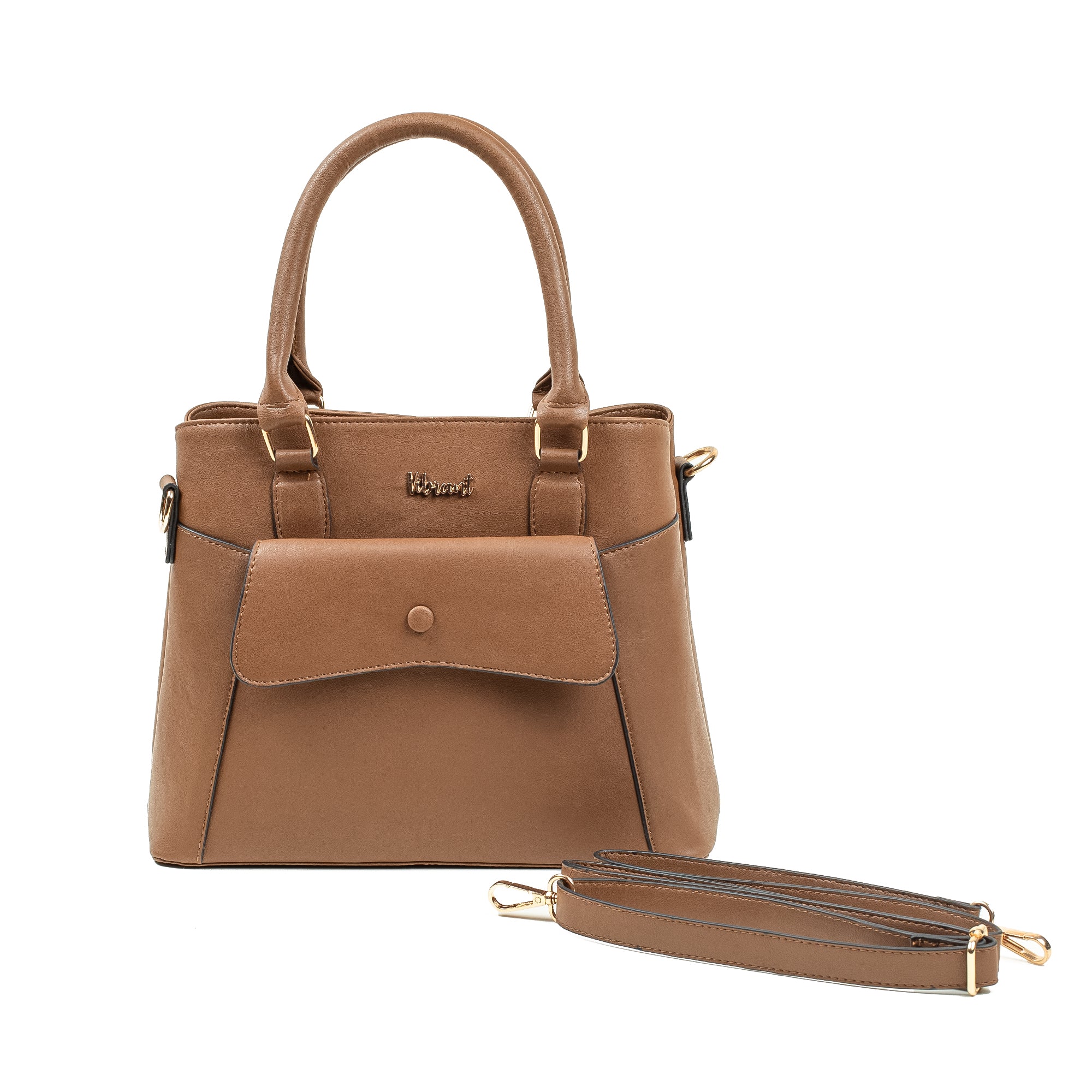 Elegant Ladies PU Leather Handbag in Tan | Vibrant® Multi-Compartment Tote with Flap Pocket