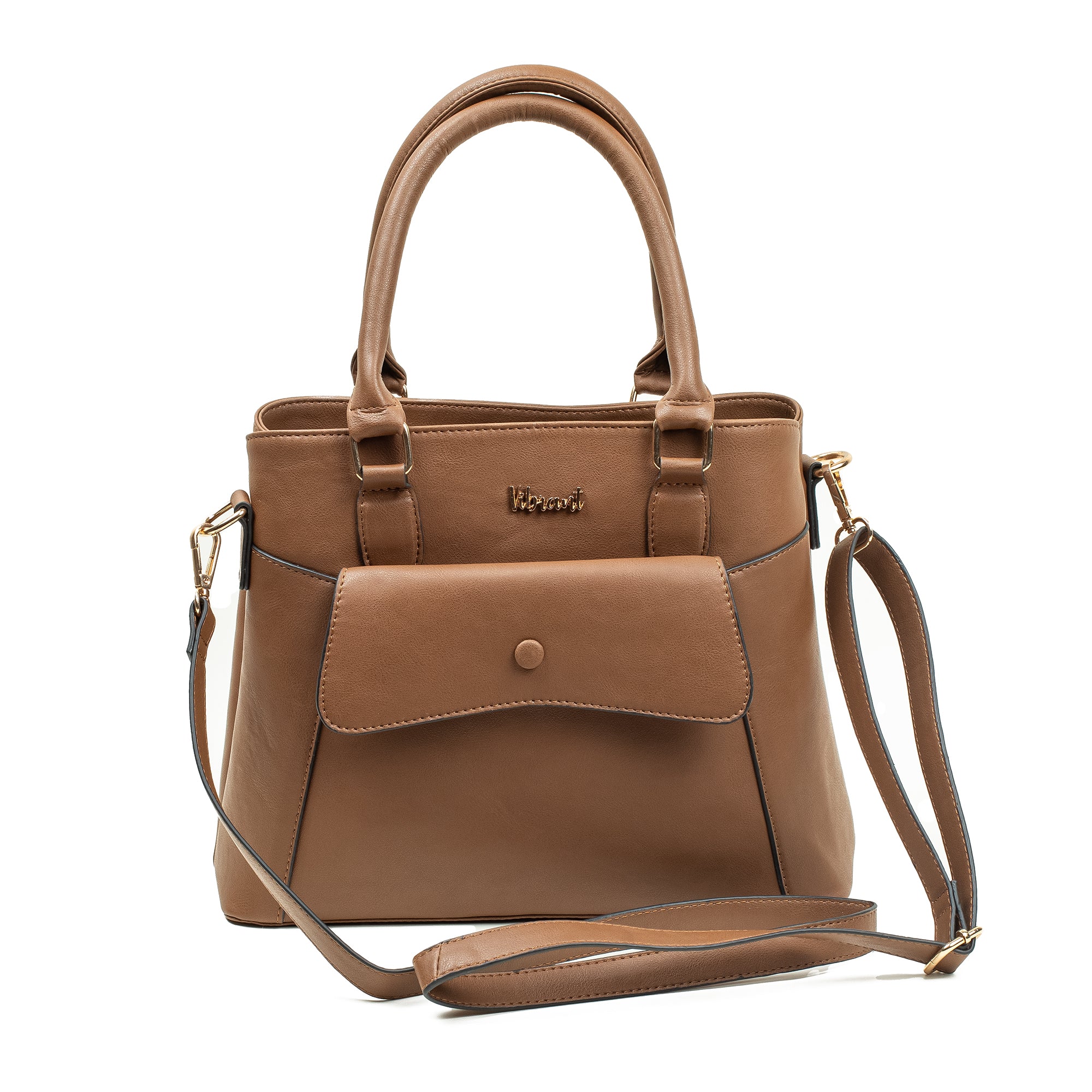 Elegant Ladies PU Leather Handbag in Tan | Vibrant® Multi-Compartment Tote with Flap Pocket