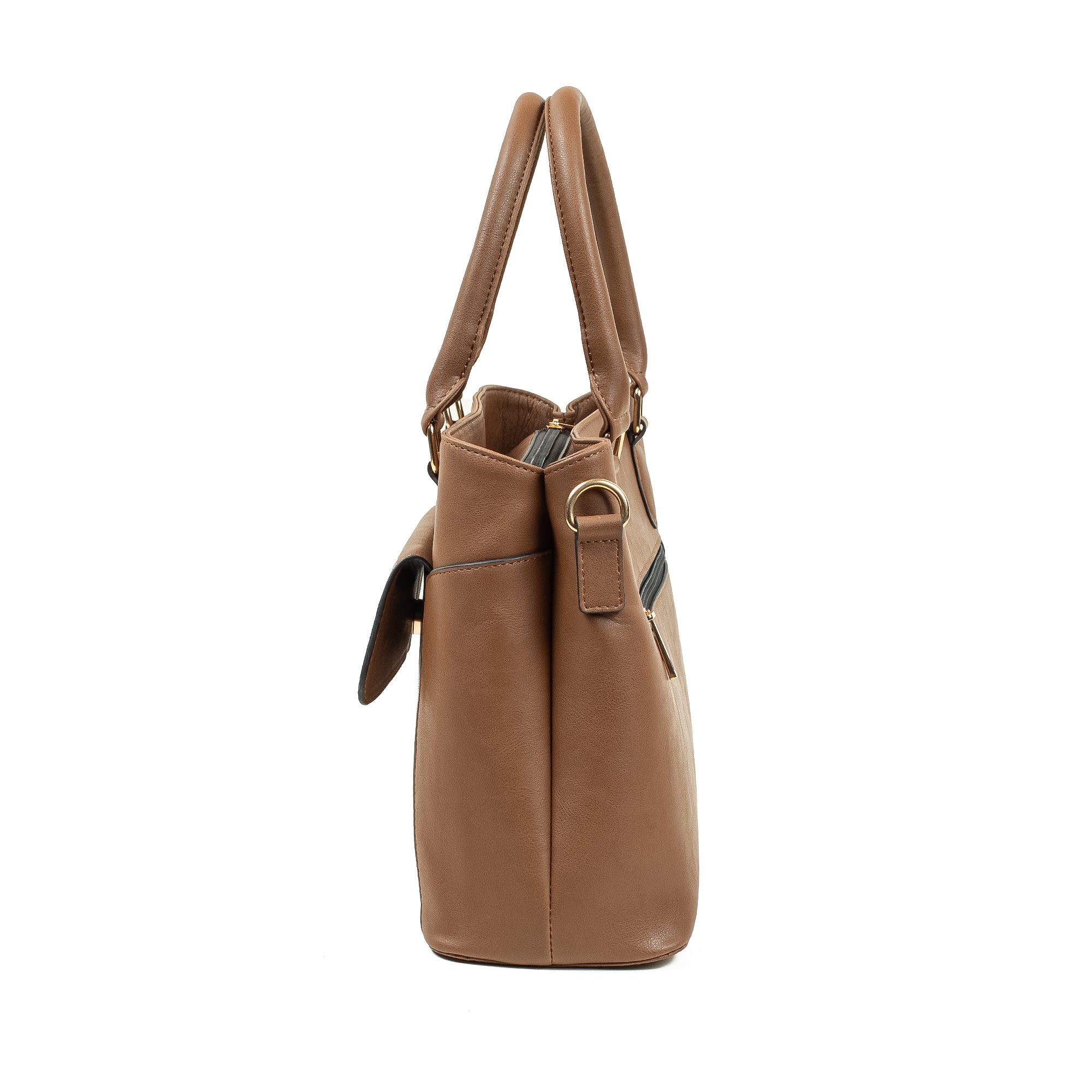 Elegant Ladies PU Leather Handbag in Tan | Vibrant® Multi-Compartment Tote with Flap Pocket