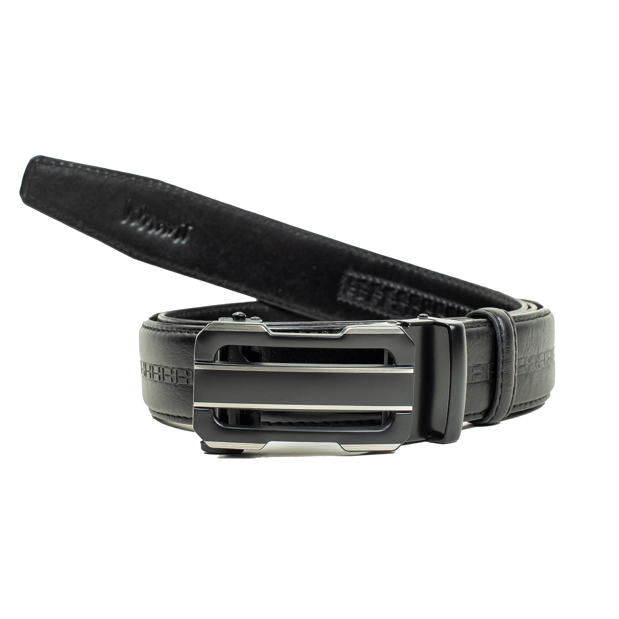 Men's Black Genuine Leather Gear Belt with Automatic Buckle